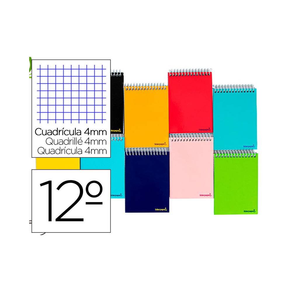 Cuaderno espiral liderpapel bolsillo doceavo apaisado smart tapa blanda 80h 60gr cuadro 4mm colores surtidos