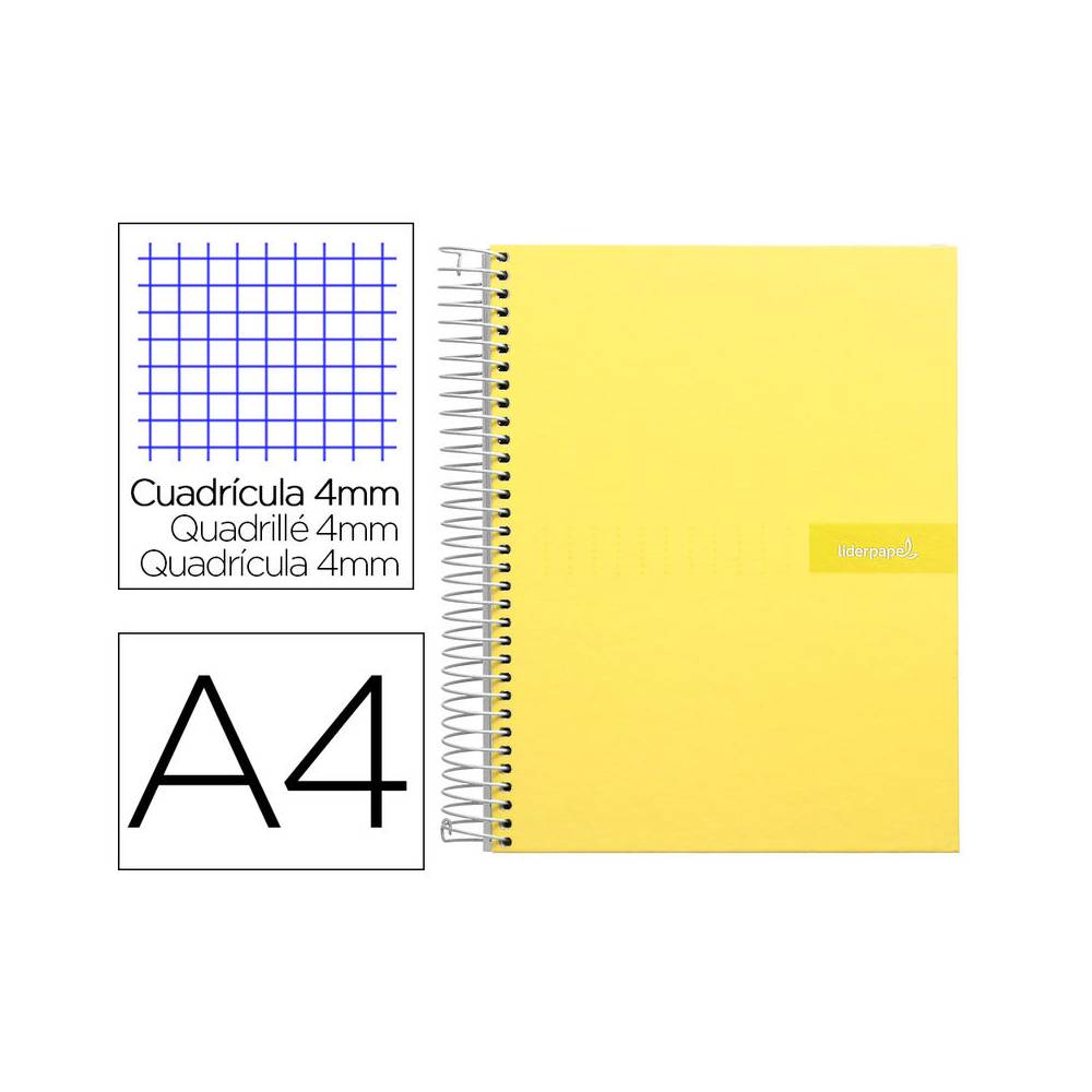 Cuaderno espiral liderpapel a4 crafty tapa forrada 80h 90 gr cuadro 4mm con margen color amarillo