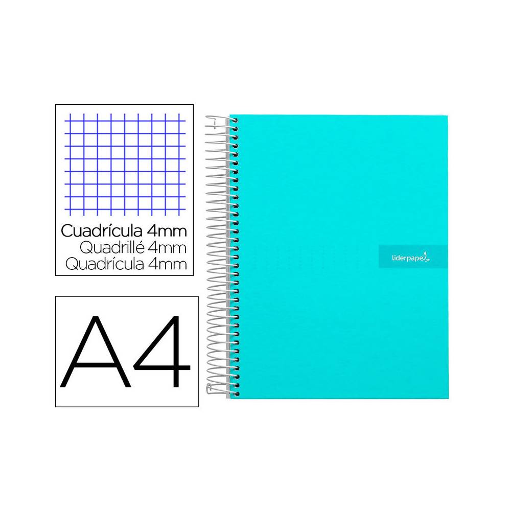 Cuaderno espiral liderpapel a4 crafty tapa forrada 80h 90 gr cuadro 4mm con margen color turquesa