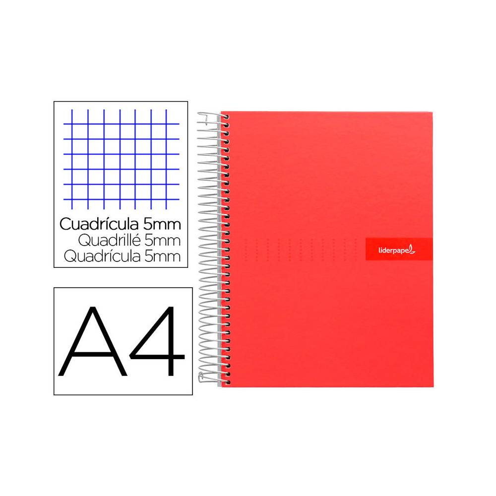 Cuaderno espiral liderpapel a4 micro crafty tapa forrada 120h 90 gr cuadro 5 mm 5 bandas 4 colores color rojo