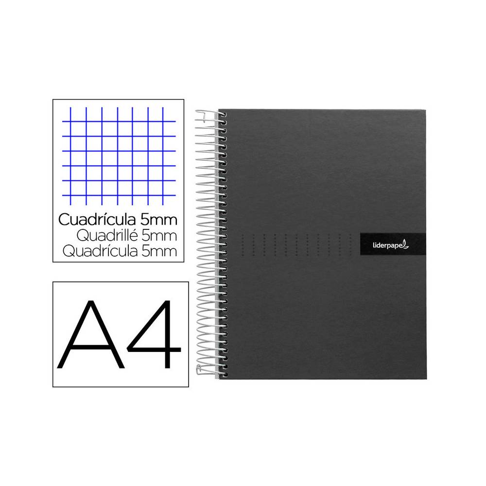 Cuaderno espiral liderpapel a4 micro crafty tapa forrada 120h 90 gr cuadro 5 mm 5 bandas 4 colores color negro