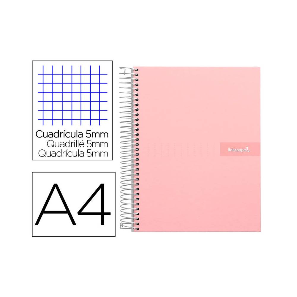 Cuaderno espiral liderpapel a4 micro crafty tapa forrada 120h 90 gr cuadro 5 mm 5 bandas 4 colores color rosa