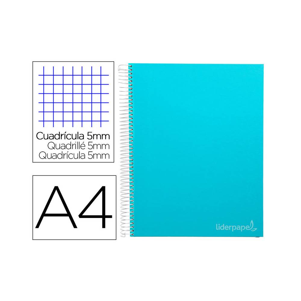 Cuaderno espiral liderpapel a4 micro jolly tapa forrada 140h 75 gr cuadro 5mm 5 bandas4 taladros color celeste