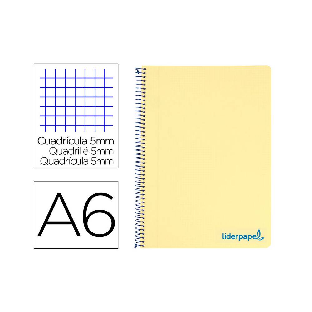 Cuaderno espiral liderpapel a6 micro wonder tapa plastico 120h 90 gr cuadro 5mm 4 bandas color amarillo