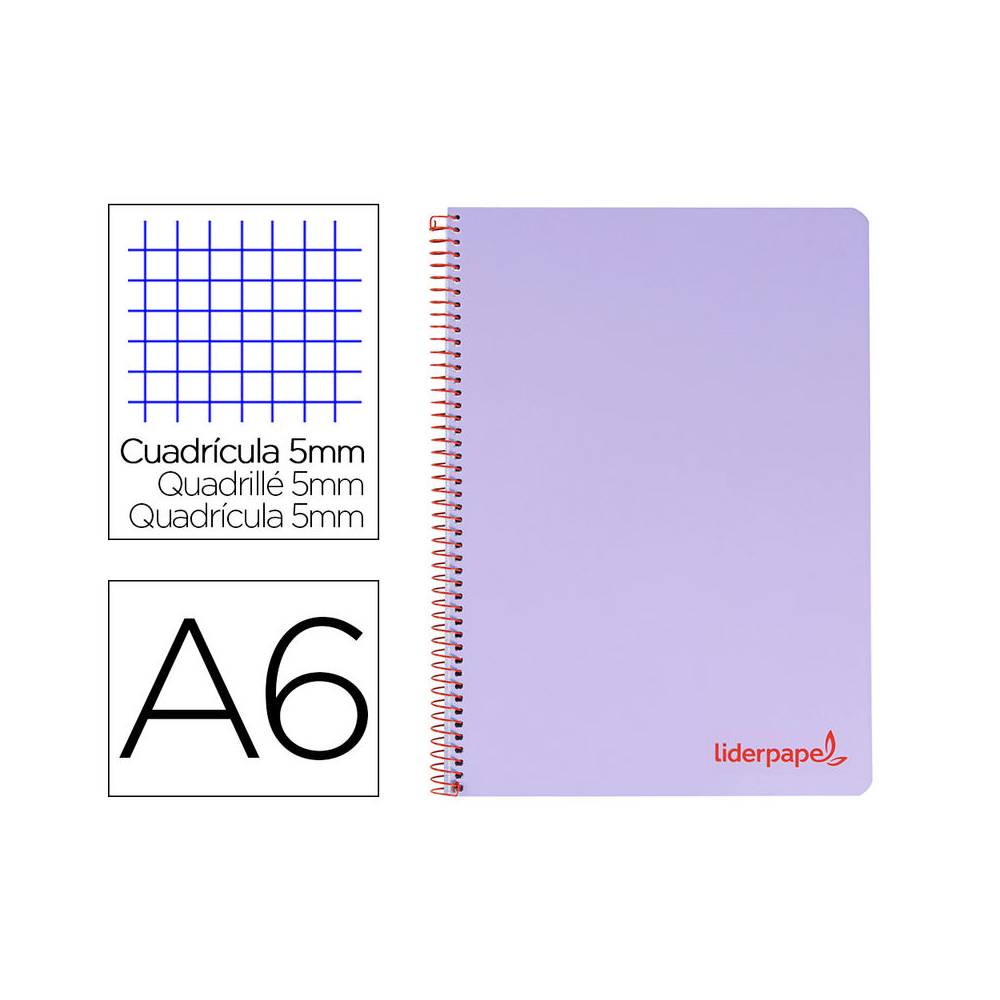 Cuaderno espiral liderpapel a6 micro wonder tapa plastico 120h 90 gr cuadro 5mm 4 bandas color violeta