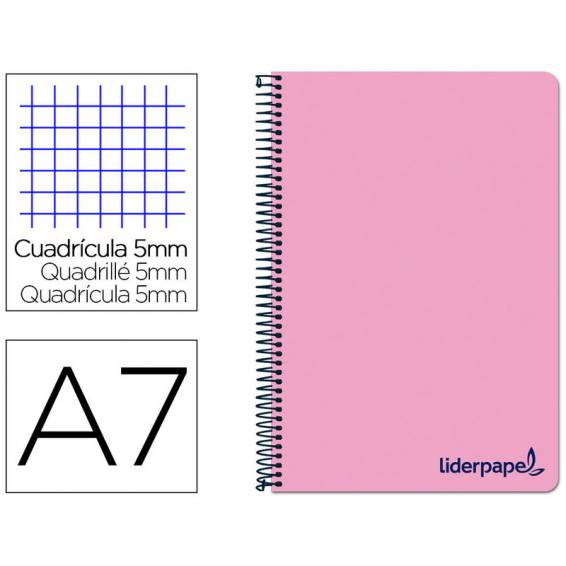 Cuaderno espiral liderpapel a7 micro wonder tapa plastico 100h 90 gr cuadro 5mm 4 bandas color rosa