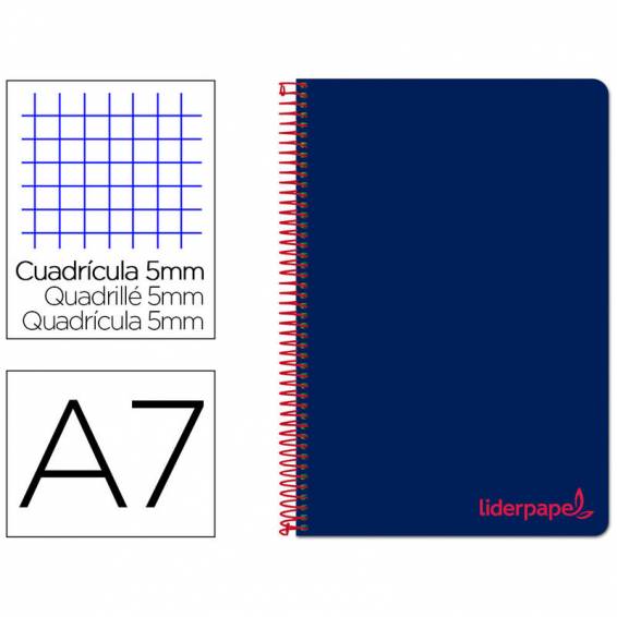 Cuaderno espiral liderpapel a7 micro wonder tapa plastico 100h 90 gr cuadro 5mm 4 bandas color azul marino