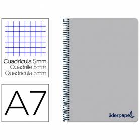 Cuaderno espiral liderpapel a7 micro wonder tapa plastico 100h 90 gr cuadro 5mm 4 bandas color gris