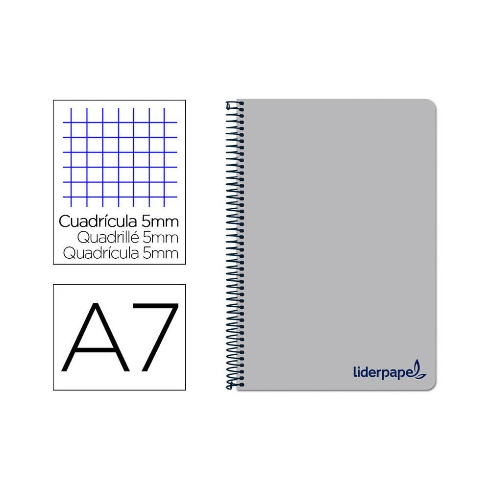 Cuaderno espiral liderpapel a7 micro wonder tapa plastico 100h 90 gr cuadro 5mm 4 bandas color gris