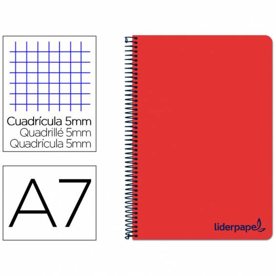 Cuaderno espiral liderpapel a7 micro wonder tapa plastico 100h 90 gr cuadro 5mm 4 bandas color rojo