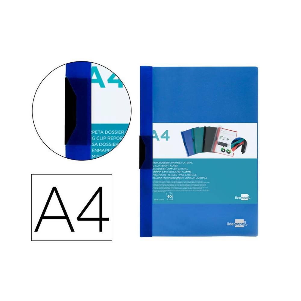 Carpeta liderpapel dossier pinza lateral polipropileno din a4 azul translucido 60 hojas pinza deslizante