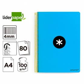 Cuaderno espiral liderpapel a4 antartik tapa dura 80h 90gr cuadro 4mm con margen color azul