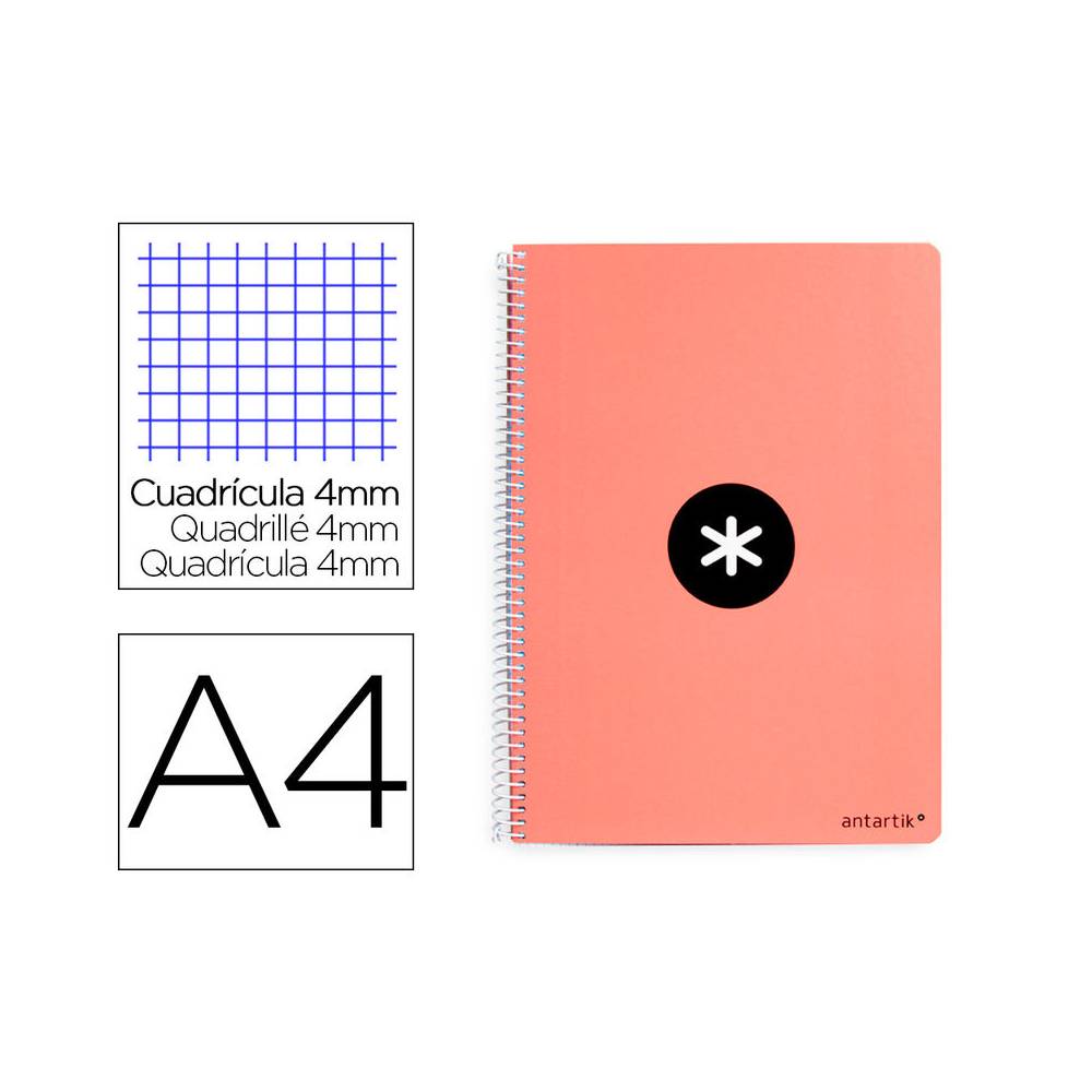 Cuaderno espiral liderpapel a4 antartik tapa dura 80h 90gr cuadro 4mm con margen color coral