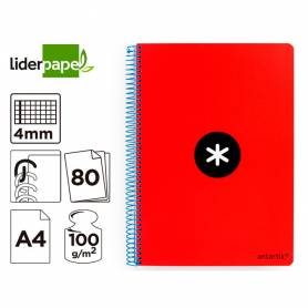 Cuaderno espiral liderpapel a4 antartik tapa dura 80h 90gr cuadro 4mm con margen color rojo