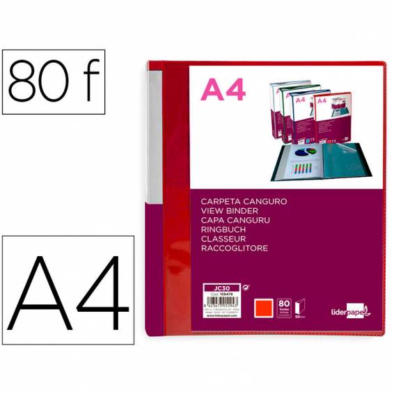 Carpeta liderpapel 80 fundas canguro pp din a4 rojo translucido portada y lomo personalizable