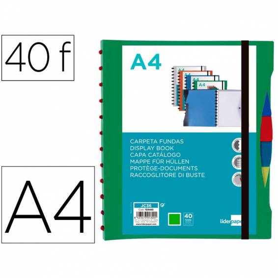 Carpeta liderpapel a4 con 40 fundas intercambiables 5 sep sobre y gomilla portada y lomo personalizable verde