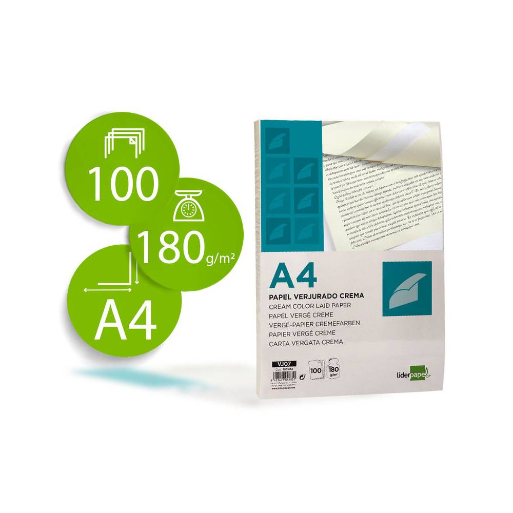 Papel verjurado liderpapel a4 180g/m2 crema paquete de 100 hojas