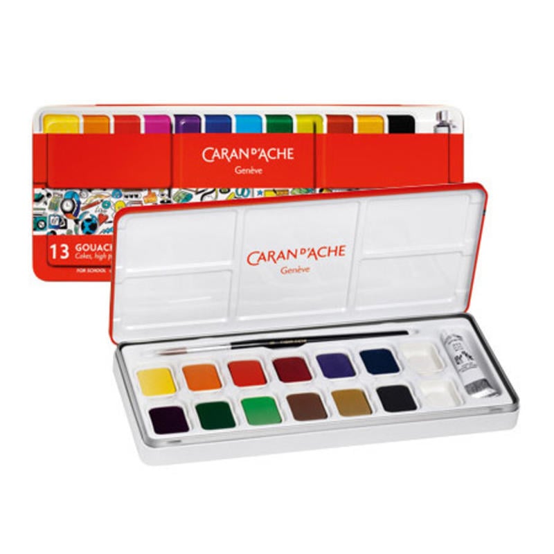 Acuarelas gouache caran dache linea escolar pastilla caja metalica 13 colores