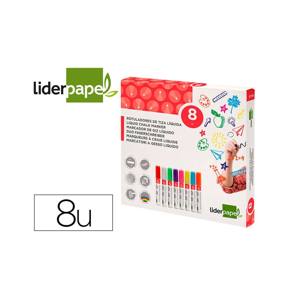 Rotulador liderpapel tiza liquida punta redonda trazo 6 mm caja de 8 unidades colores surtidos