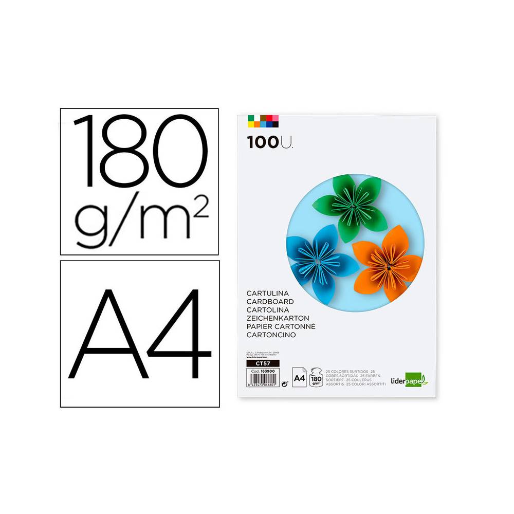 Cartulina liderpapel a4 180g/m2 25 colores surtidos paquete de 100 hojas