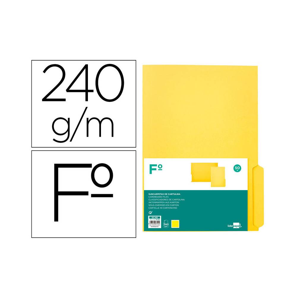 Subcarpeta cartulina liderpapel folio pestaña inferior 240g/m2 color amarillo