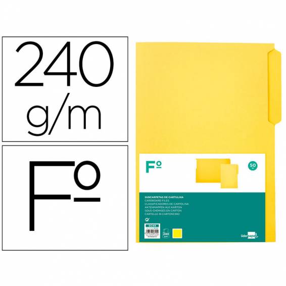 Subcarpeta cartulina liderpapel folio pestaña superior 240g/m2 color amarillo