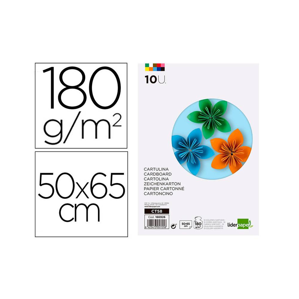 Cartulina liderpapel 50x65 cm 180g/m2 10 colores surtidos paquete de 10 hojas