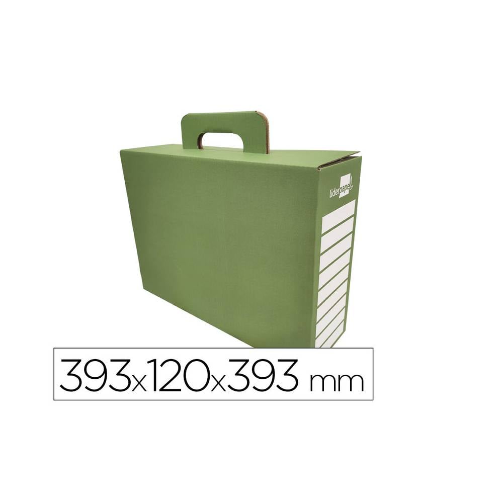 Caja cheque-libro liderpapel para material escolar carton reforzado con asa color verde 393x120x393 mm