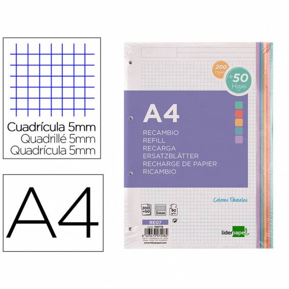 Recambio liderpapel a4 200+50 hojas 90g/m2 cuadro 5 mm 4 taladros bandas de 5 colores