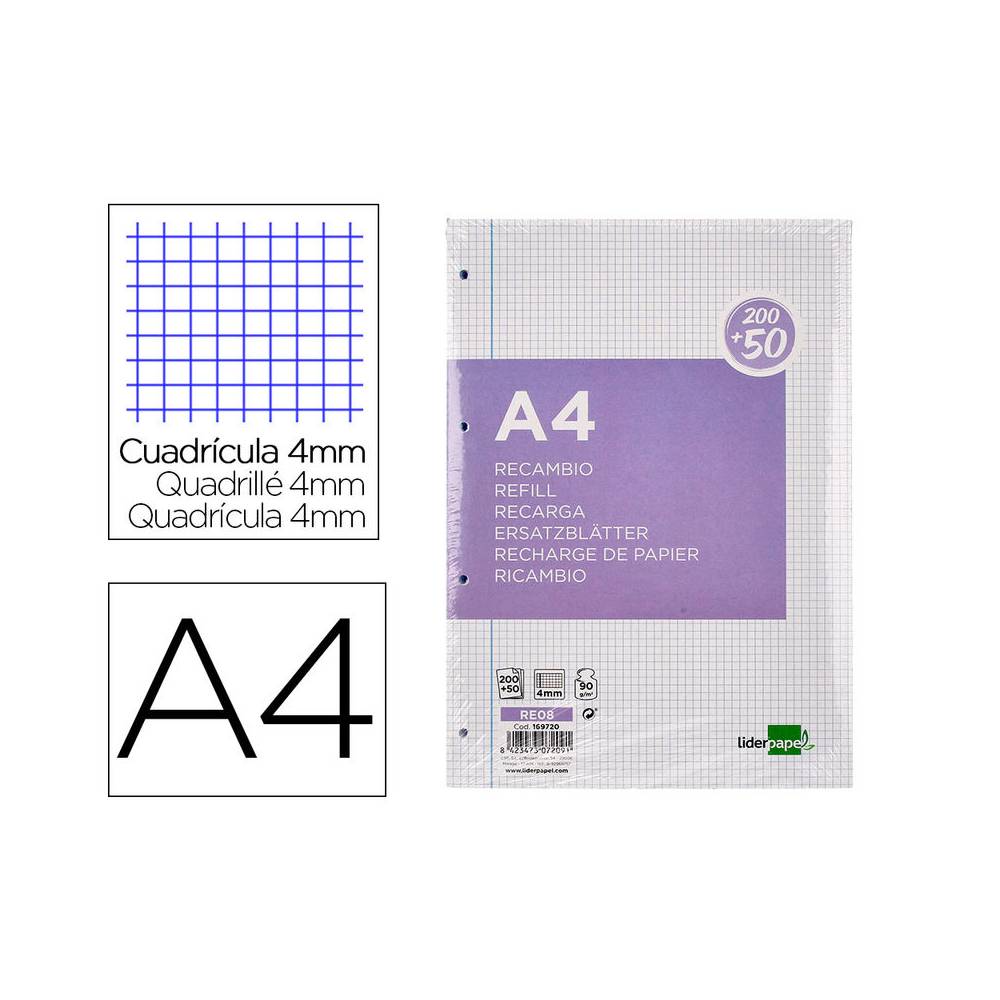 Recambio liderpapel a4 200+50 hojas 90g/m2 cuadro 4 mm con margen 4 taladros