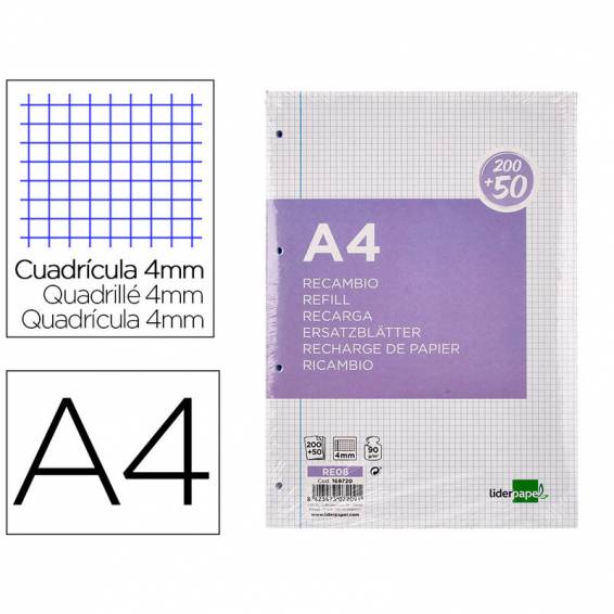 Recambio liderpapel a4 200+50 hojas 90g/m2 cuadro 4 mm con margen 4 taladros