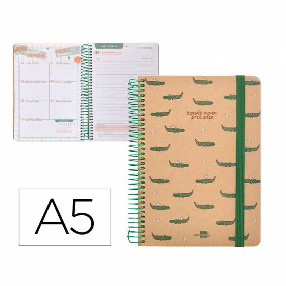 Agenda escolar liderpapel año 24 - 25 escolar classic crocodile día página a5 papel fsc banda elastica