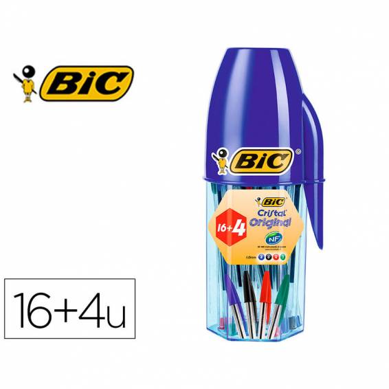 Boligrafo bic cristal mega tubo 16+4 unidades colores surtidos 8 azules / 5 negros / 4 rojos/ 3 verdes