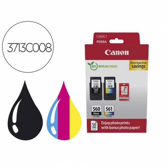 Ink-jet canon photo value pack pg-560 + cl561 + 50 hojas papel foto glossy 10x15 cm - 3713C008