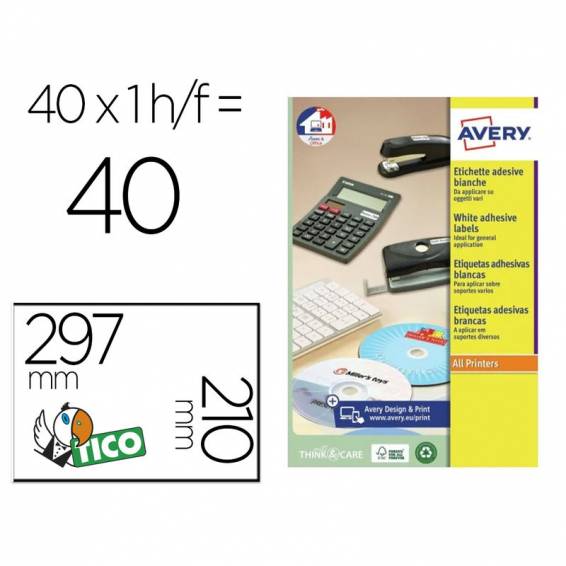 Etiqueta adhesiva avery blanca brillante laser 210x297 mm caja de 40 unidades - L7767-40