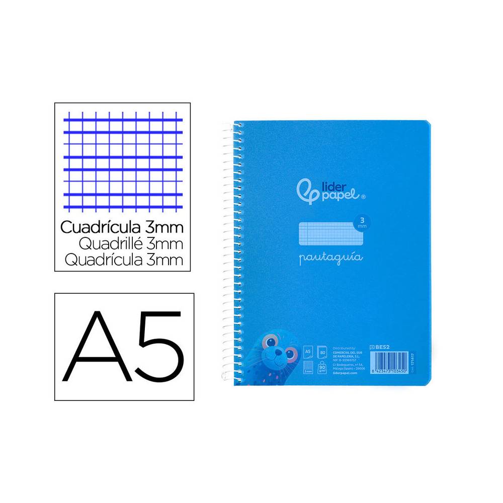 Cuaderno espiral liderpapel din a5 pautaguia tapa plastico 80h 90gr cuadro pautado 3 mm con margen color azul - BE52