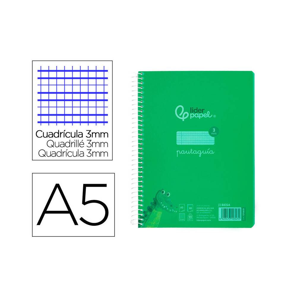 Cuaderno espiral liderpapel din a5 pautaguia tapa plastico 80h 90gr cuadro pautado 3 mm con margen color verde - BE54