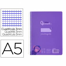 Cuaderno espiral liderpapel din a5 pautaguia tapa plastico 80h 90gr cuadro pautado 3 mm con margen color violeta - BE55