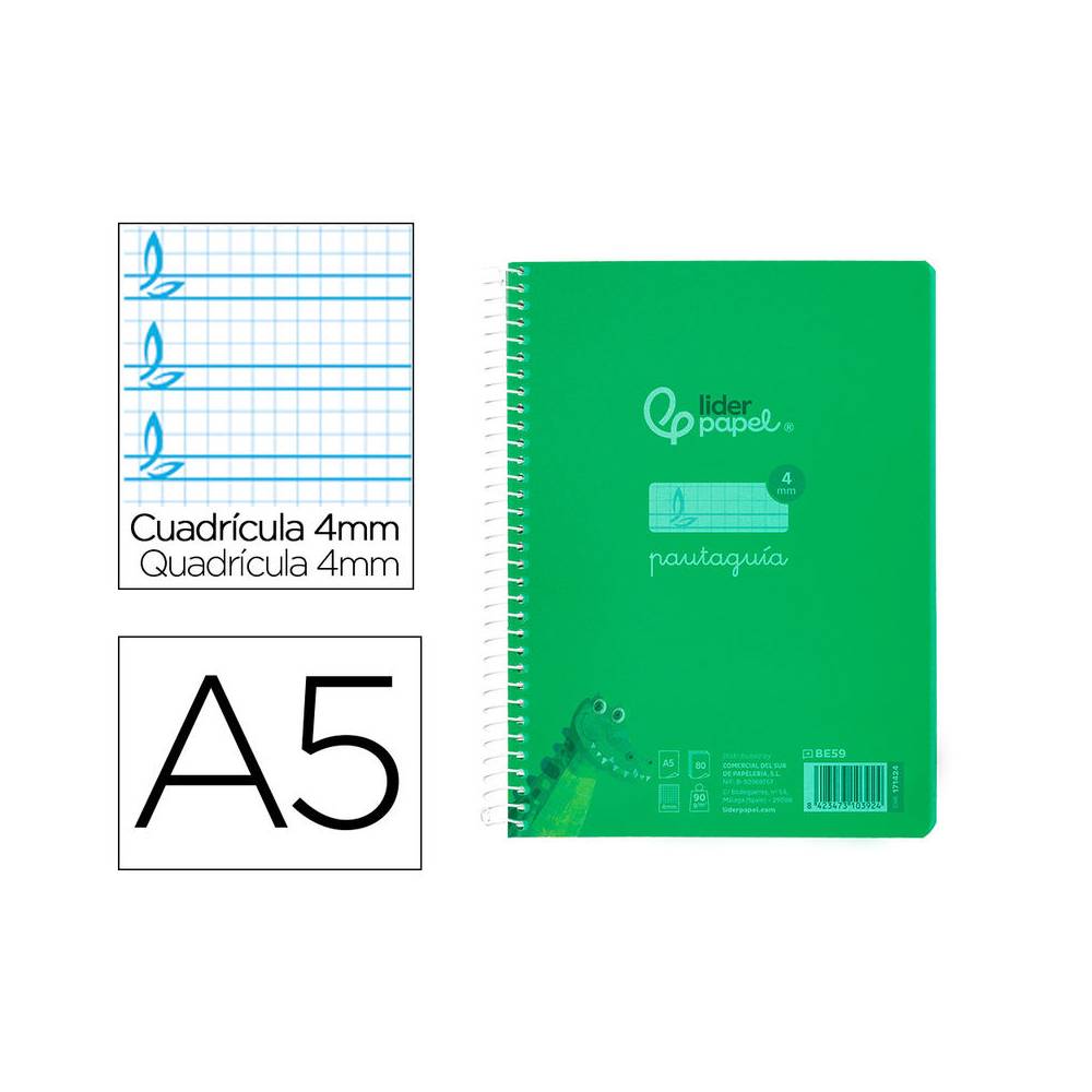 Cuaderno espiral liderpapel din a5 pautaguia tapa plastico 80h 90gr cuadro pautado 4mm con margen color verde - BE59