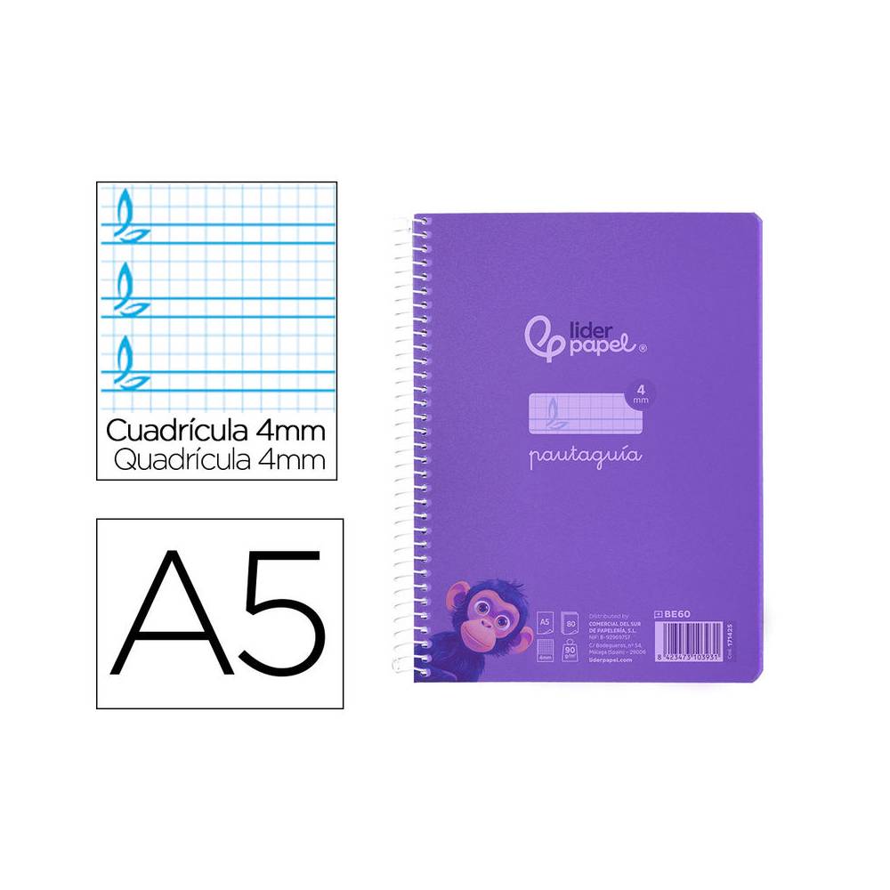 Cuaderno espiral liderpapel din a5 pautaguia tapa plastico 80h 90gr cuadro pautado 4 mm con margen color violeta - BE60