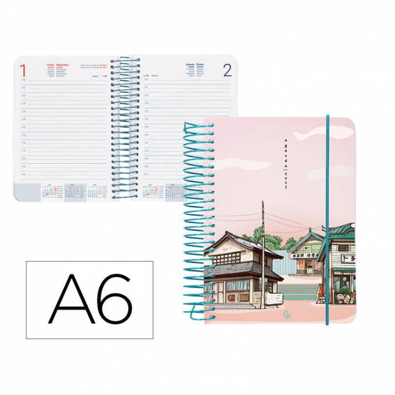 Agenda espiral liderpapel sant orini a6 2025 día página atardecer rosa papel 60 gr - 