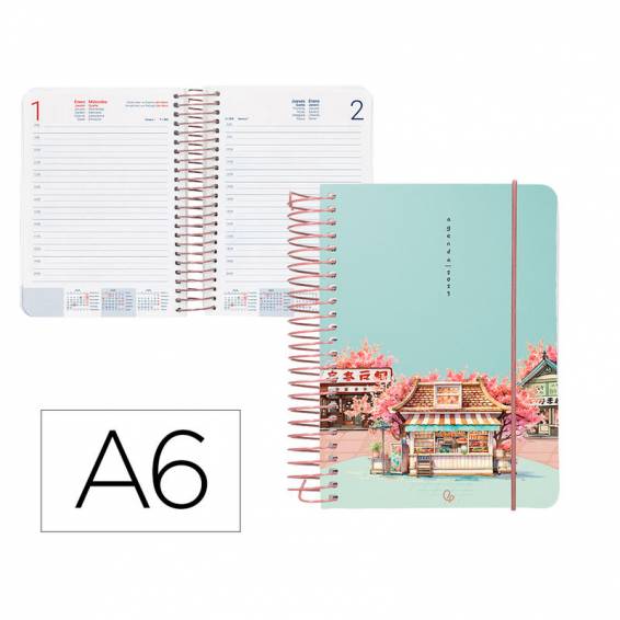 Agenda espiral liderpapel sant orini a6 2025 día página cherry blossoms papel 60 gr - 