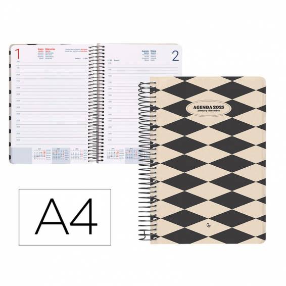 Agenda espiral liderpapel clas sic a4 2025 día página blanco y negro 1 papel 70 gr - 