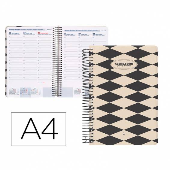 Agenda espiral liderpapel clas sic a4 2025 semana vista blanco y negro 1 papel 70 gr - 