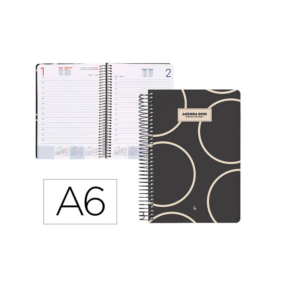 Agenda espiral liderpapel clas sic a6 2025 día página blanco y negro 2 papel 70 gr - 