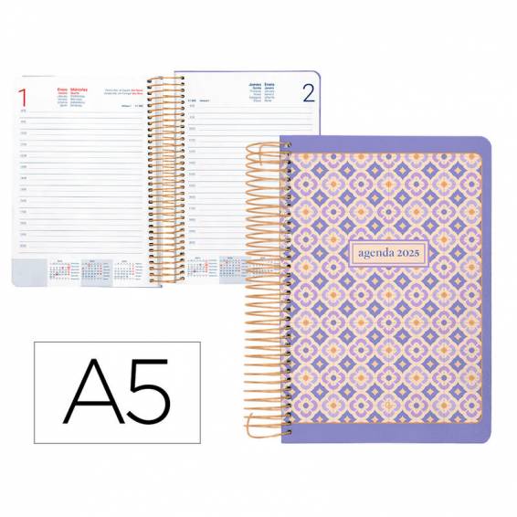 Agenda espiral liderpapel peri ssa a5 2025 día página color morado papel 80 gr - 