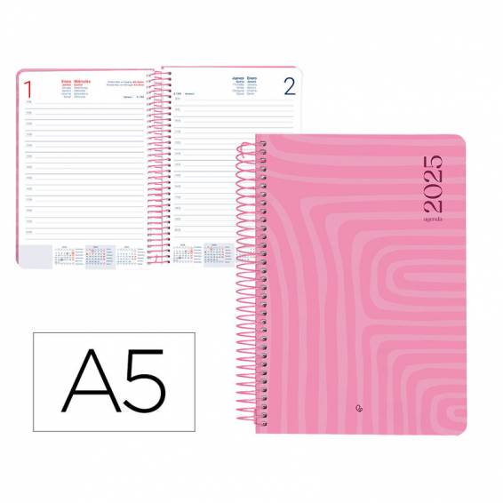 Agenda espiral liderpapel syro s a5 2025 día página color rosa papel 60 gr