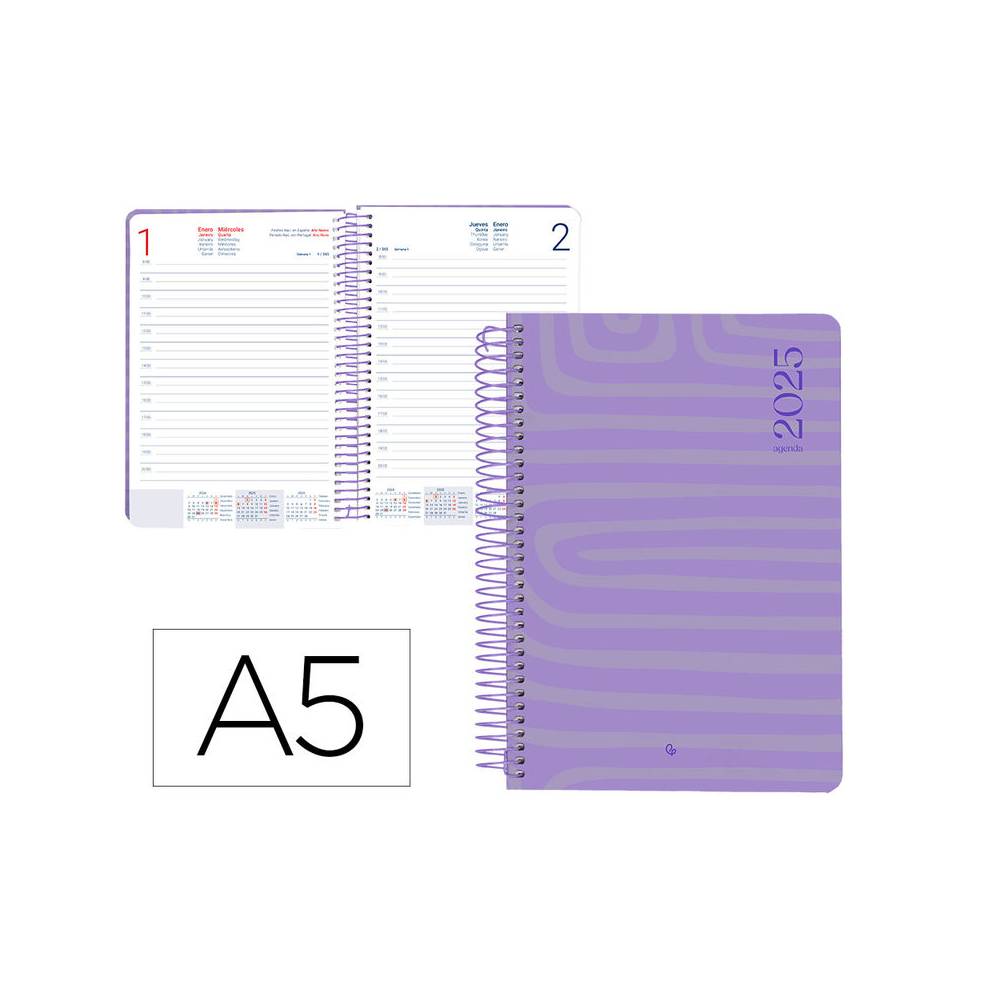 Agenda espiral liderpapel syro s a5 2025 día página color morado papel 60 gr