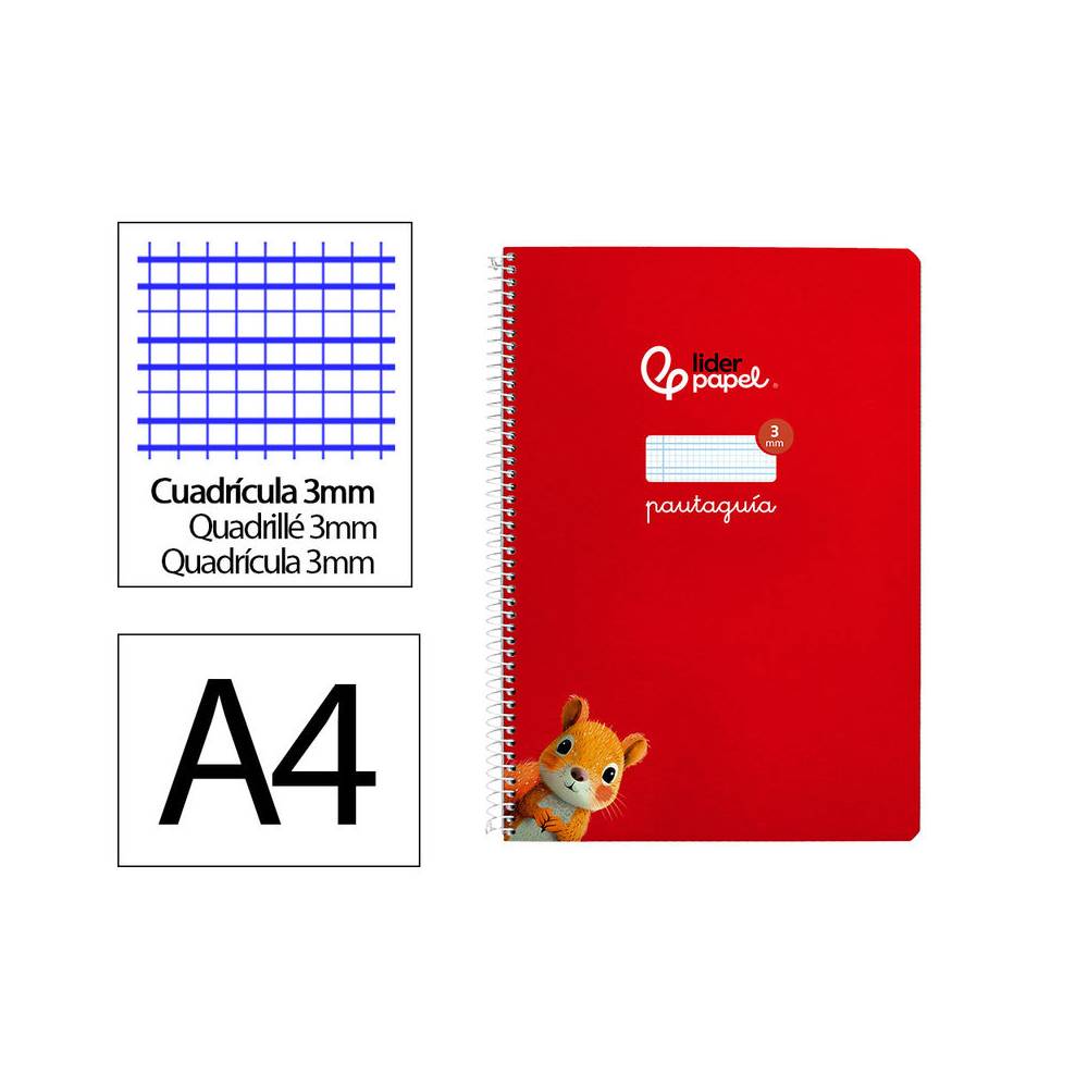 Cuaderno espiral liderpapel di n a4 pautaguia tapa dura 80h 90 gr cuadro pautado 3mm color rojo - BF134