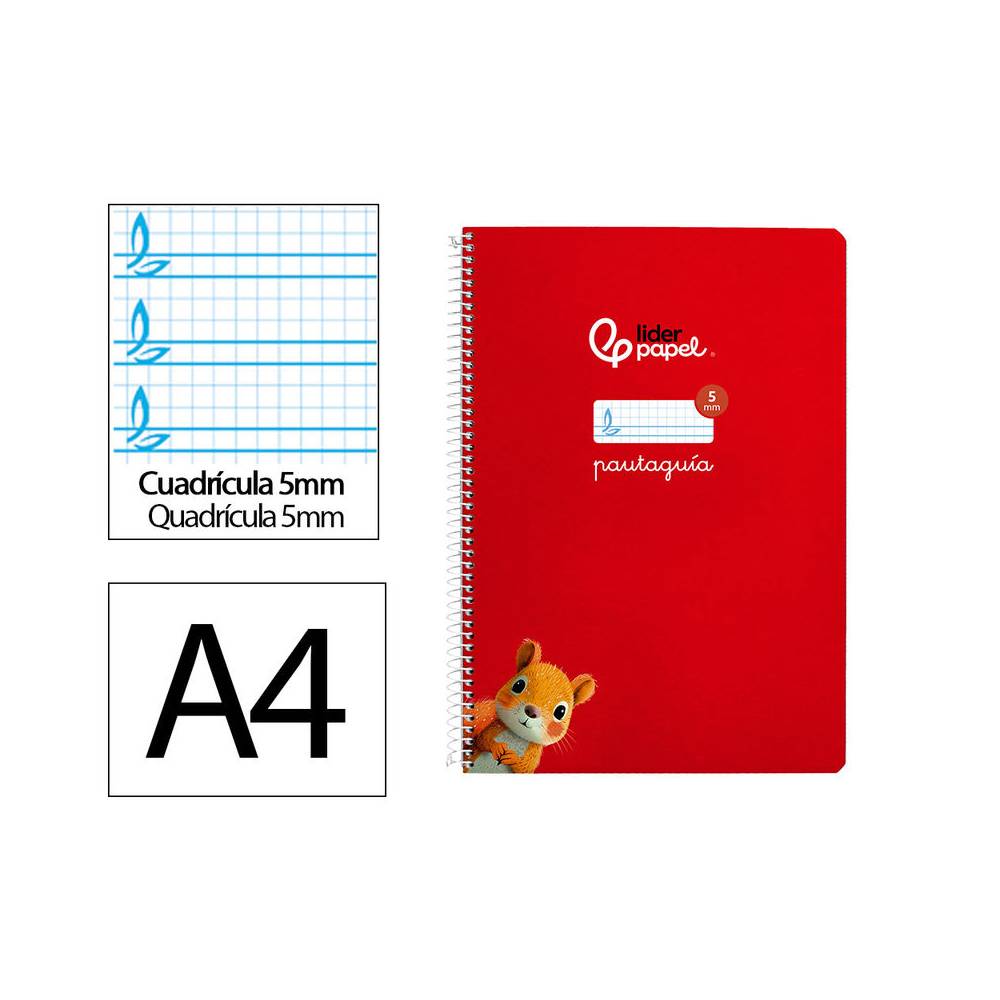 Cuaderno espiral liderpapel di n a4 pautaguia tapa dura 80h 90 gr cuadro pautado 5mm color rojo - BF146